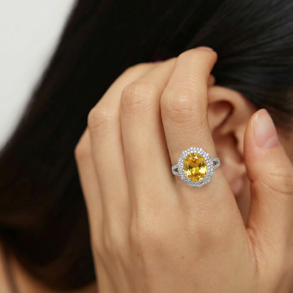 Yellow Zircon Halo Ring