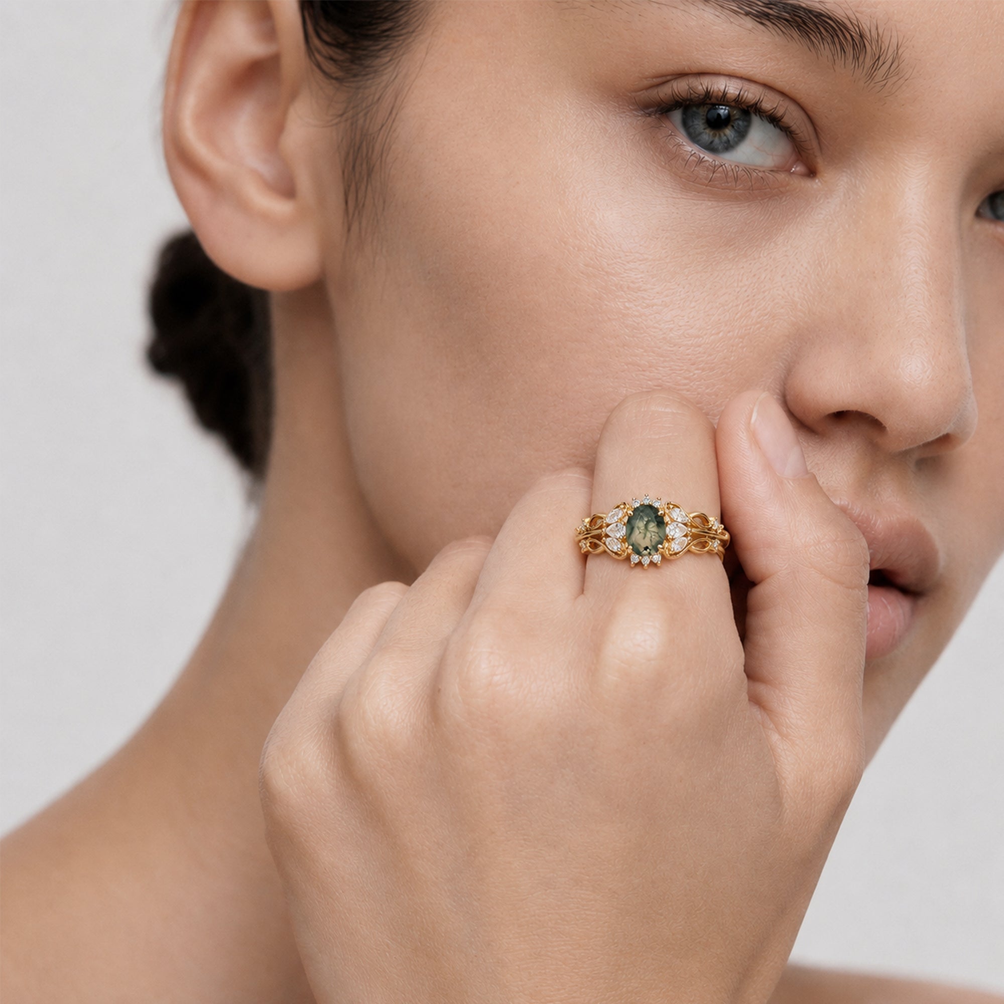 Moss Agate Halo Ring
