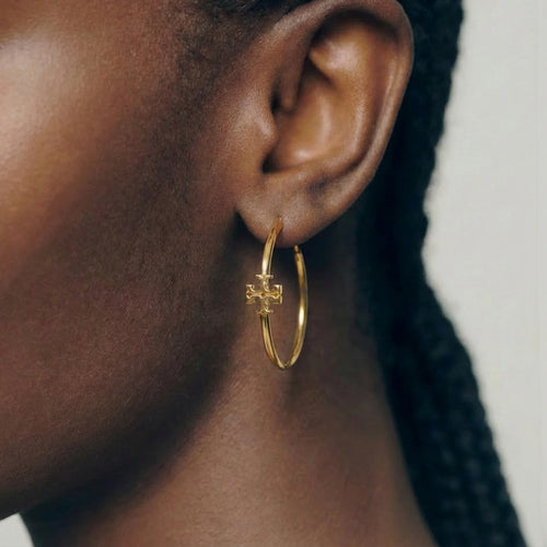 18K Gold-Plated Cross Hoop Earrings