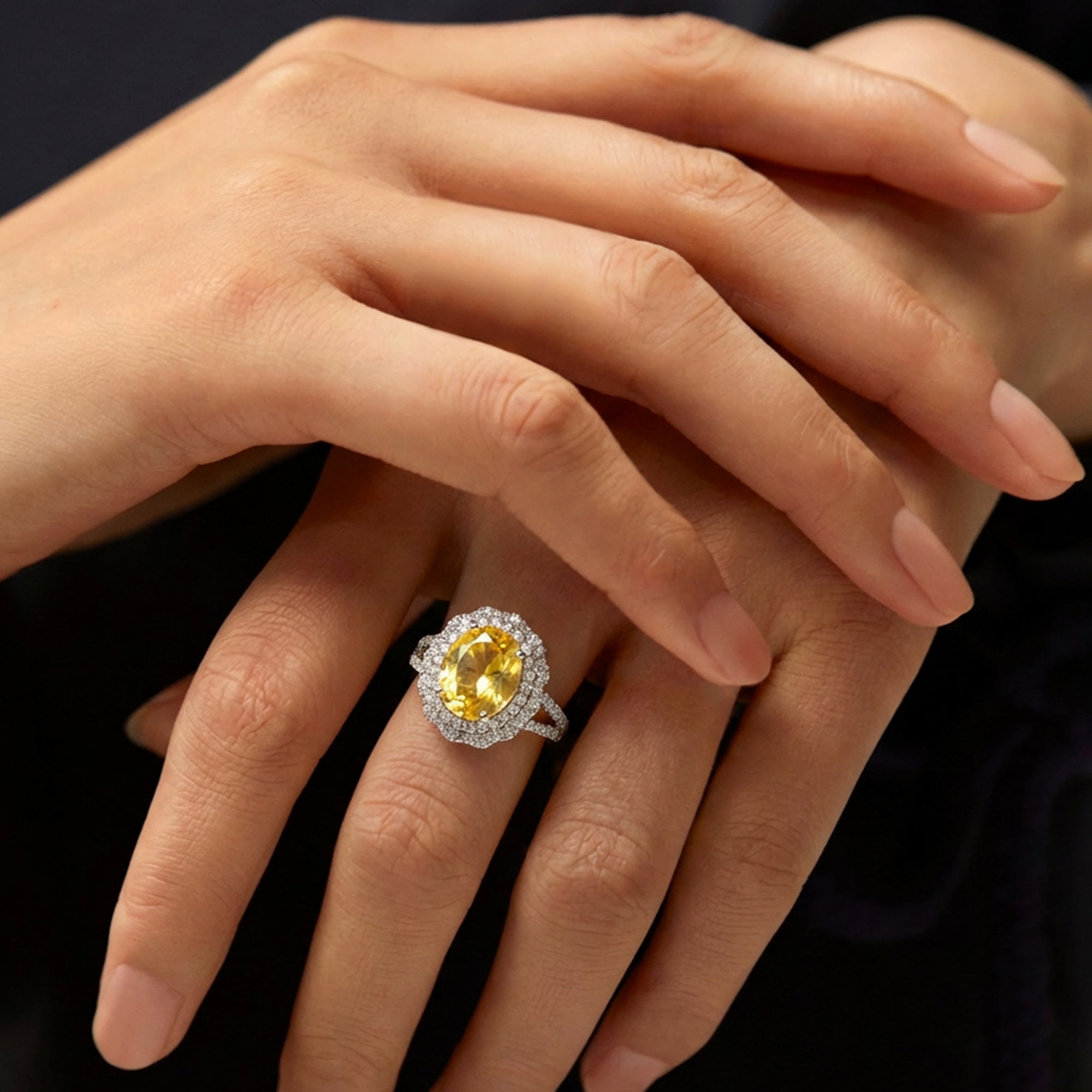 Yellow Zircon Halo Ring