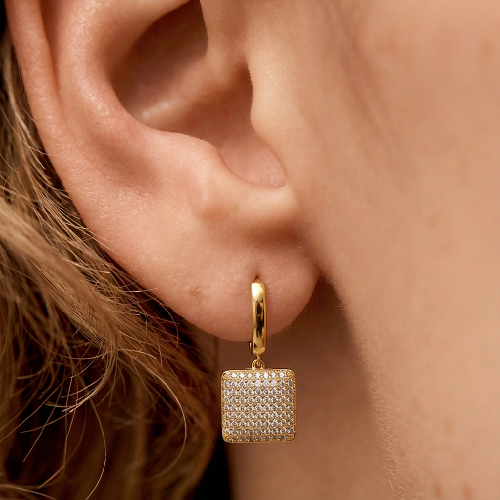 Luminous Rectangle CZ Dangle Earrings in 18K Gold