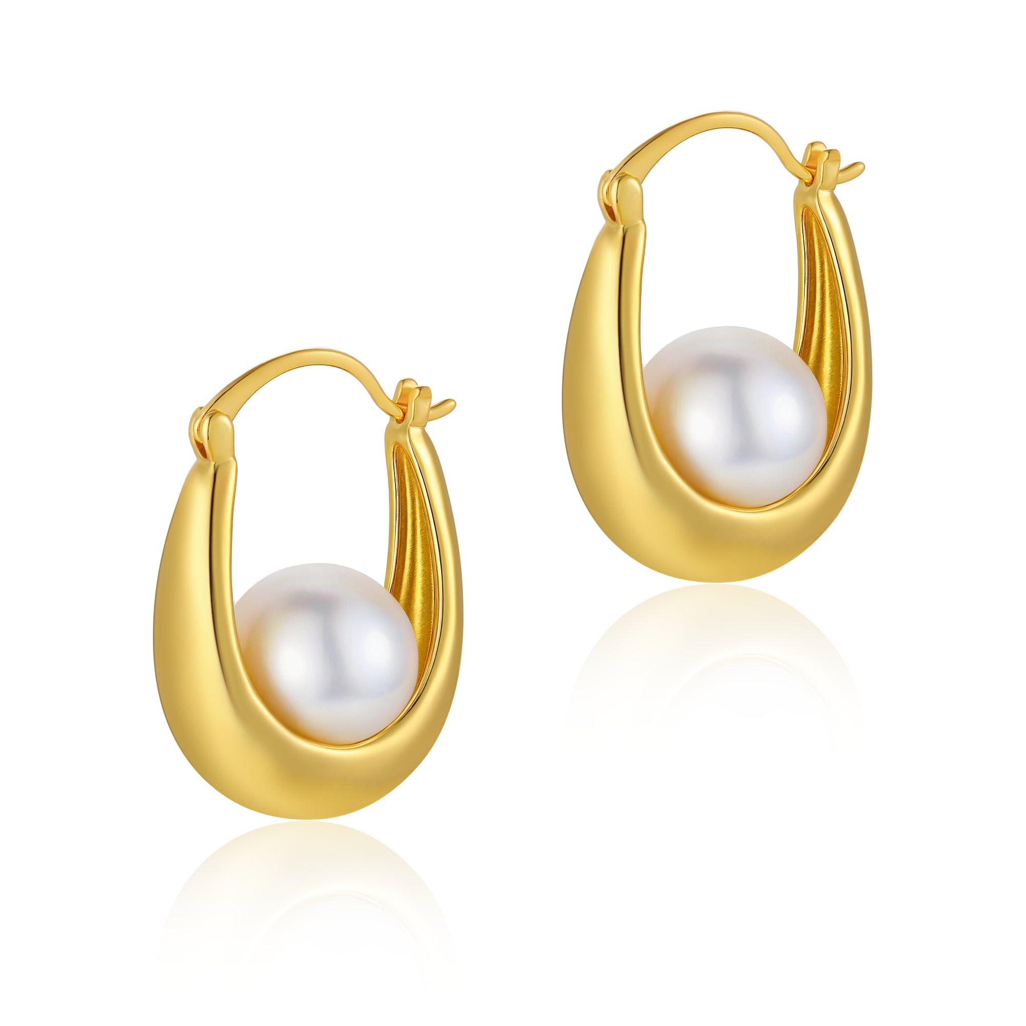 Lucky Pearl Hoop Earrings – Minimalist Gold-Tone Studs with Symbol of Abundance & Positive Energy