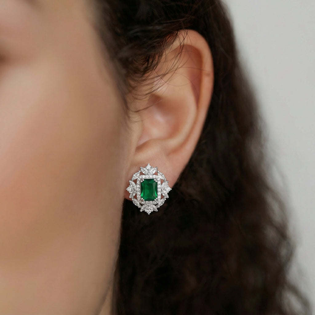 Stunning Halo Emerald Green Stud Earrings