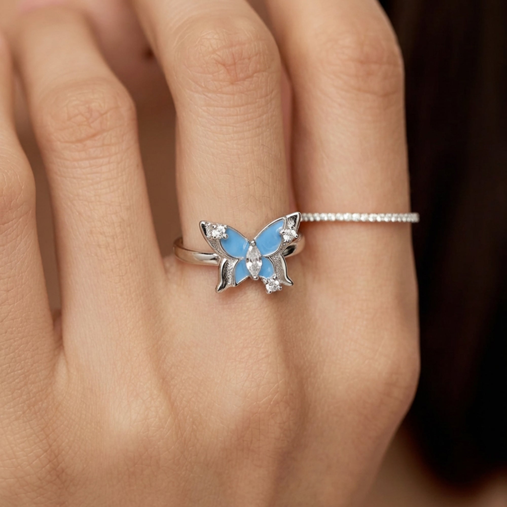 Blue Butterfly Ring in Silver