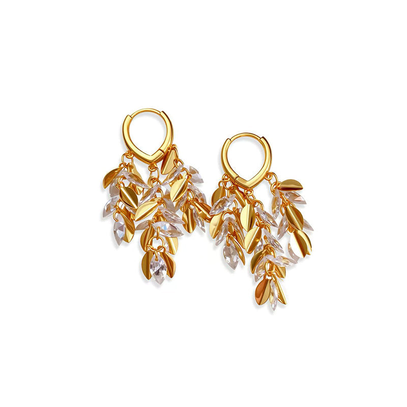 Gold-Toned Hoop & Crystal Leaf Dangle Earrings