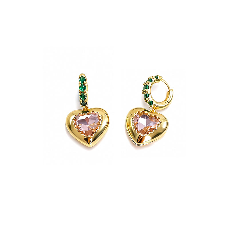 Elegant Gold Heart Drop Earrings with Crystal & Green Zircon