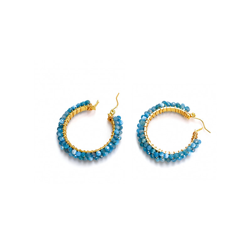 Blue Beaded Hoop Earrings – Gold Tone Crystal Bead Circle Earrings