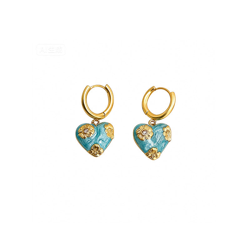 Enamel Heart Drop Earrings w/ Crystals & Gold Flowers