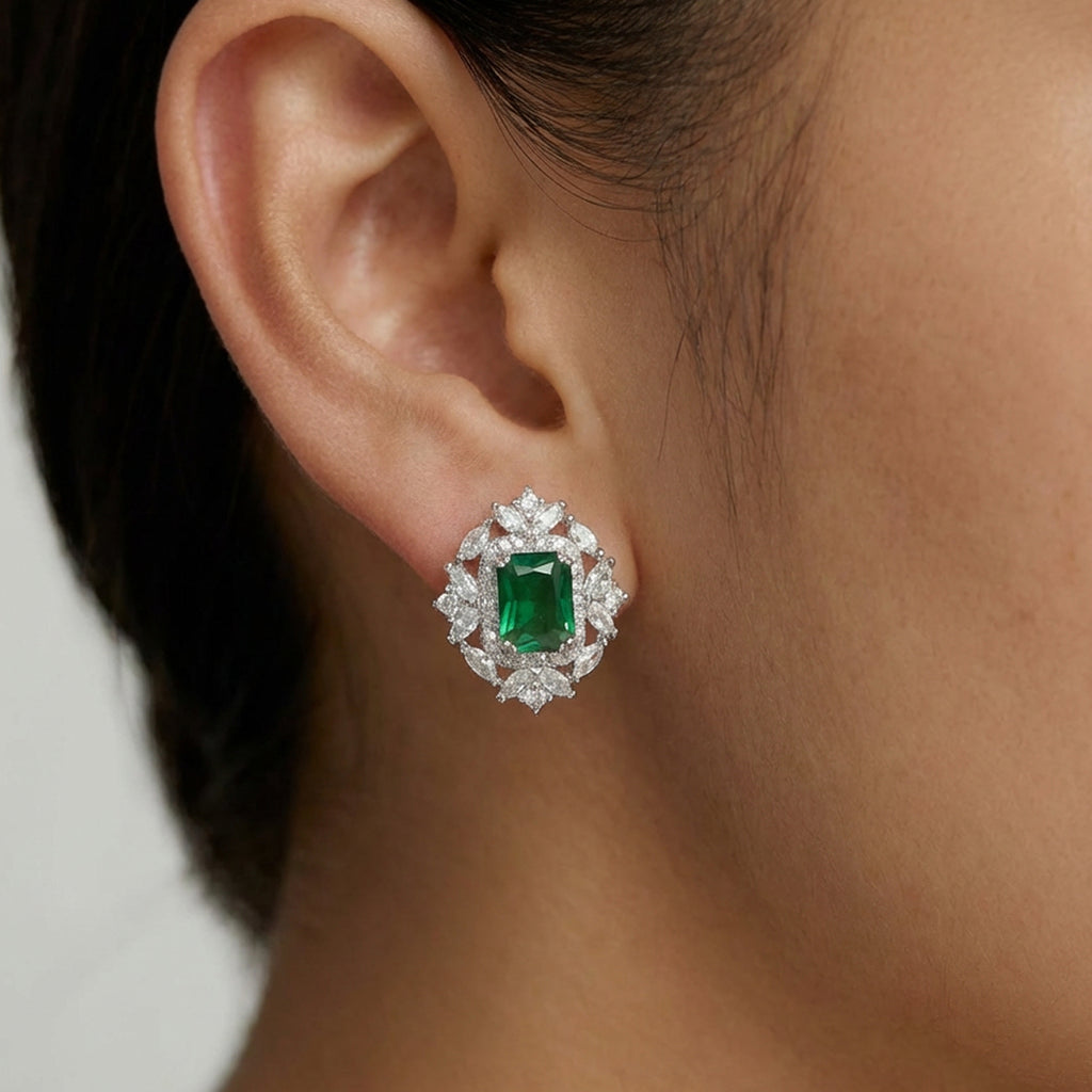 Stunning Halo Emerald Green Stud Earrings