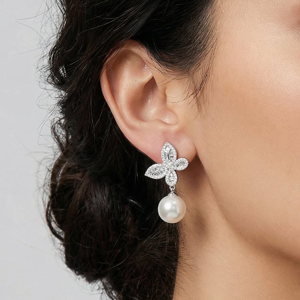 Crystal-Embellished Butterfly Pearl Drop Earrings