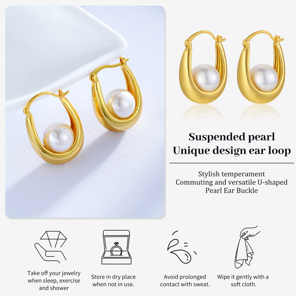 Lucky Pearl Hoop Earrings – Minimalist Gold-Tone Studs with Symbol of Abundance & Positive Energy