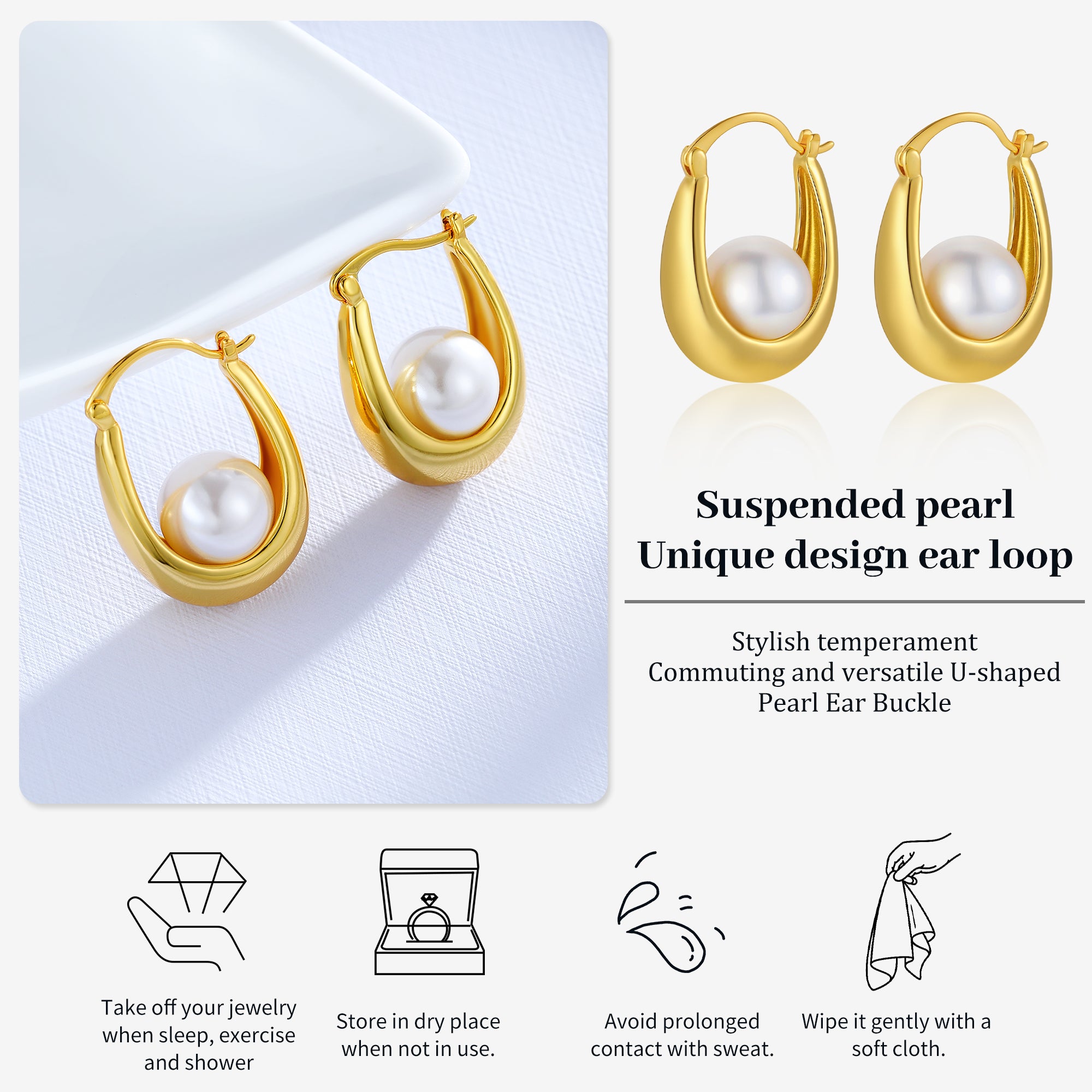 Lucky Pearl Hoop Earrings – Minimalist Gold-Tone Studs with Symbol of Abundance & Positive Energy