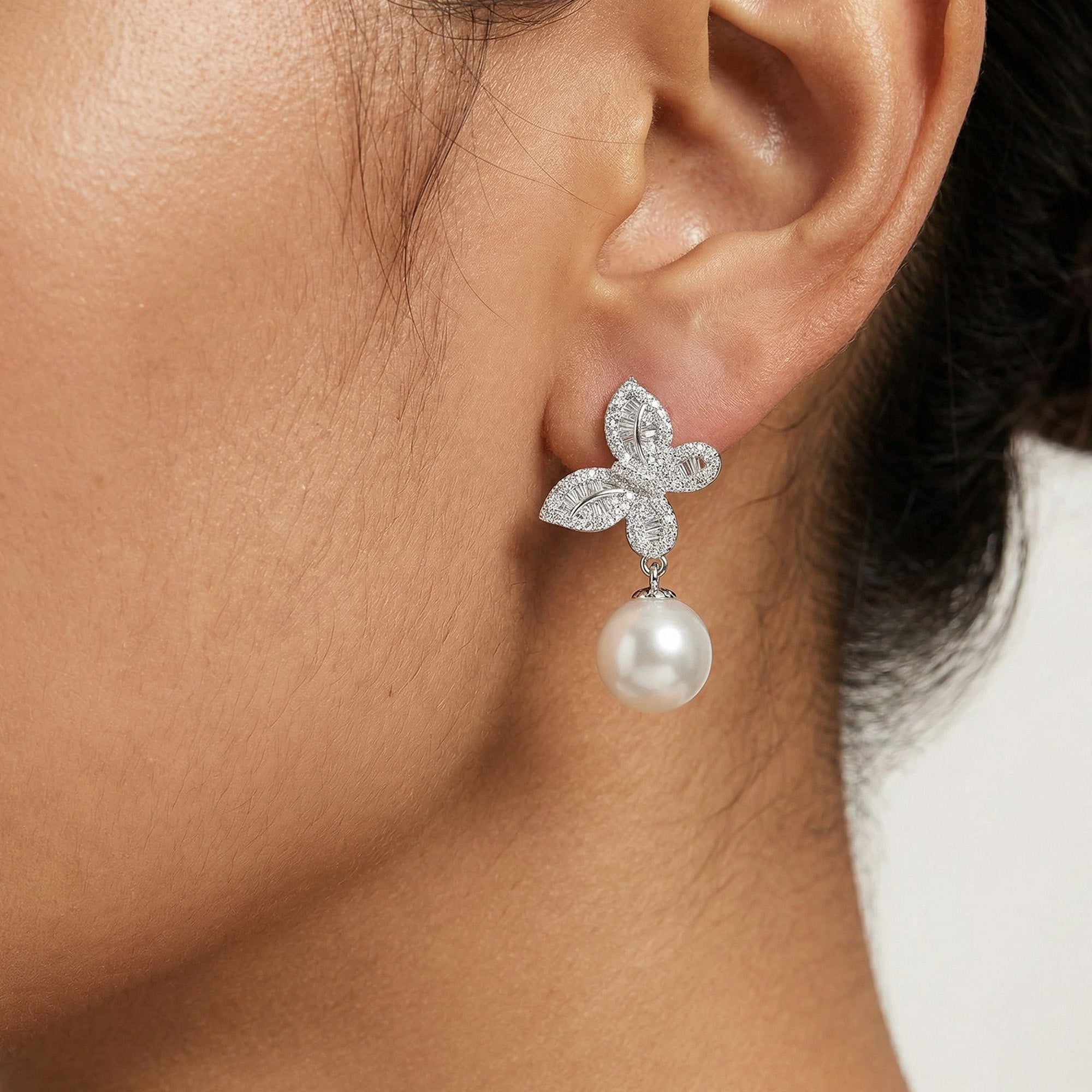 Crystal-Embellished Butterfly Pearl Drop Earrings