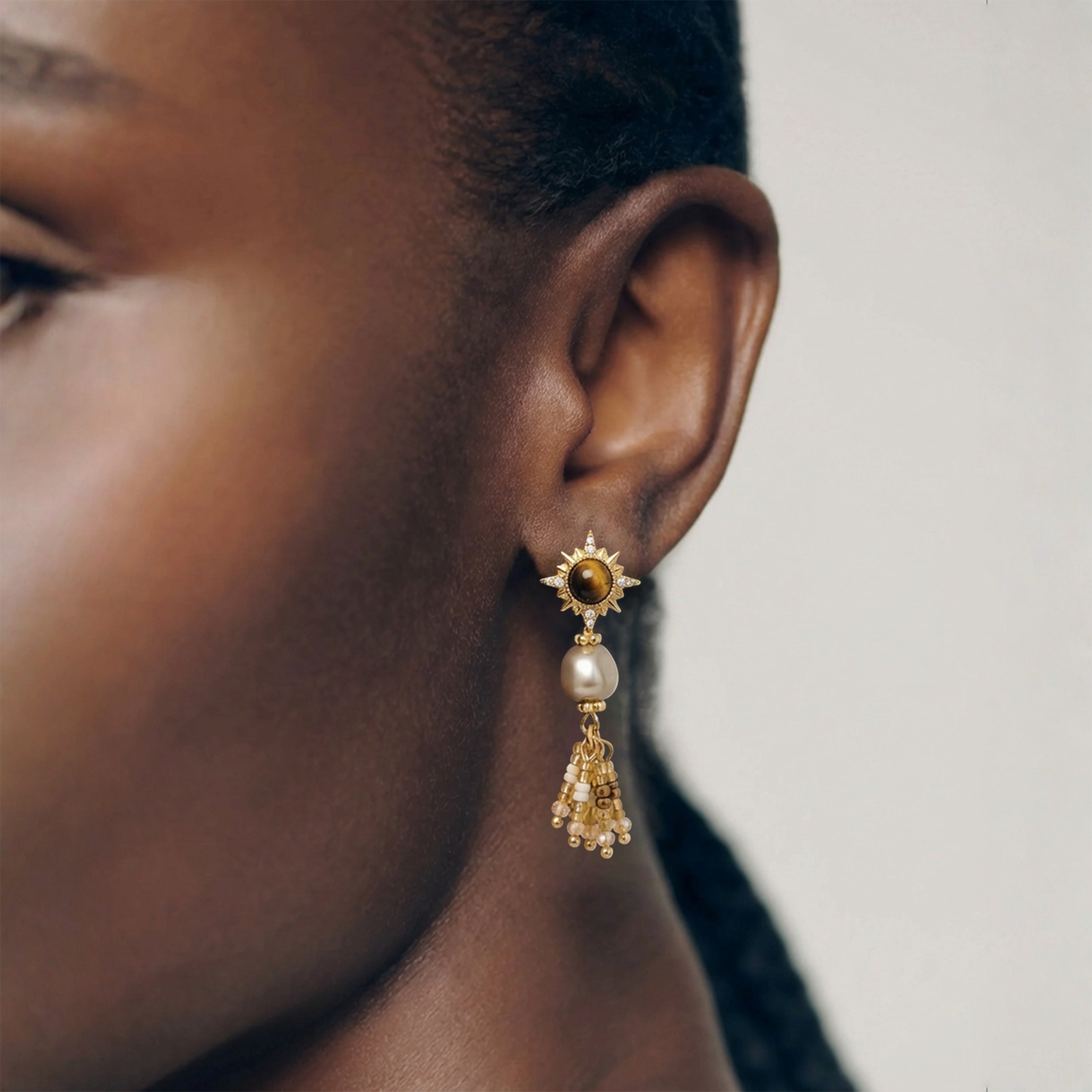 Sunburst Tiger’s Eye Pearl Earrings