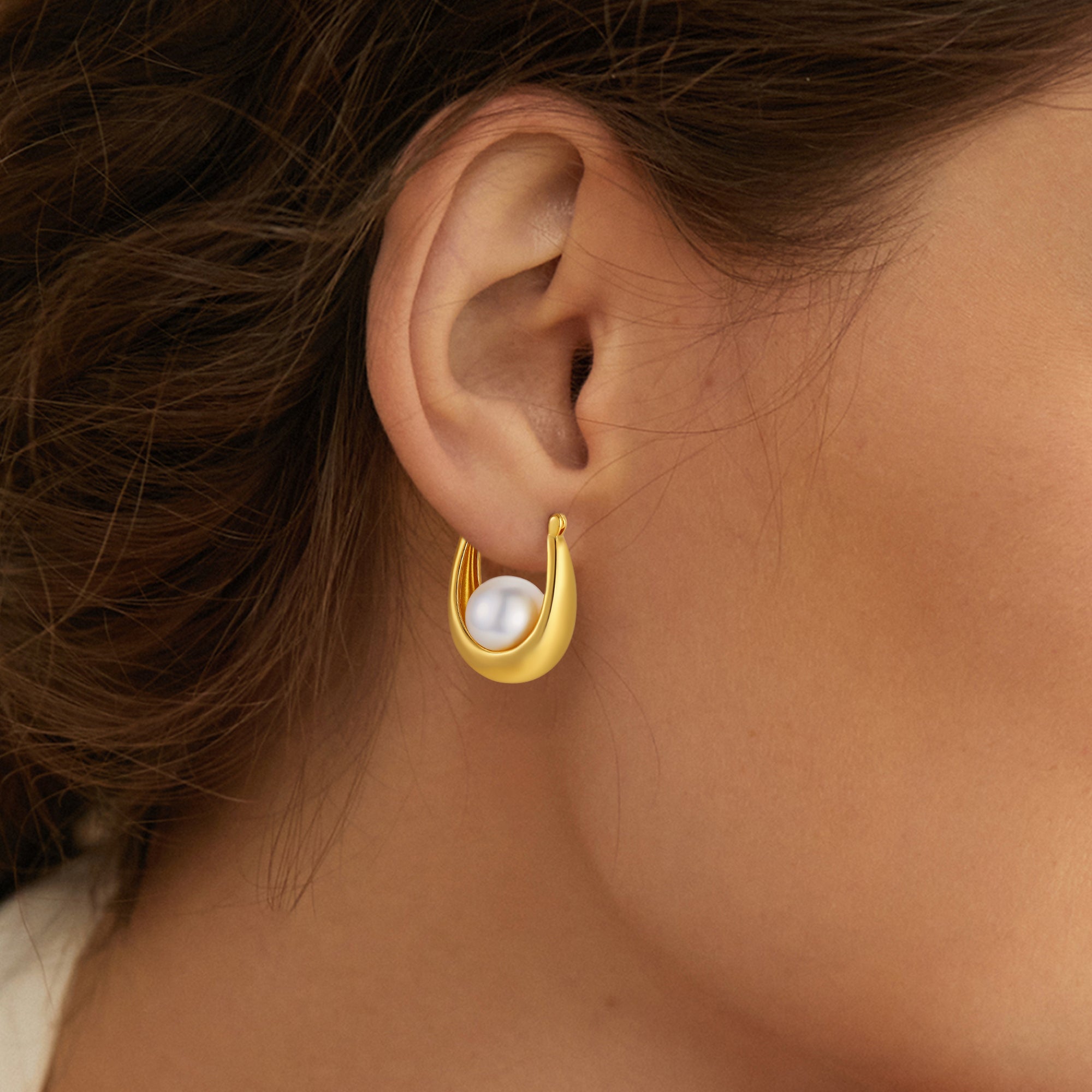 Lucky Pearl Hoop Earrings – Minimalist Gold-Tone Studs with Symbol of Abundance & Positive Energy