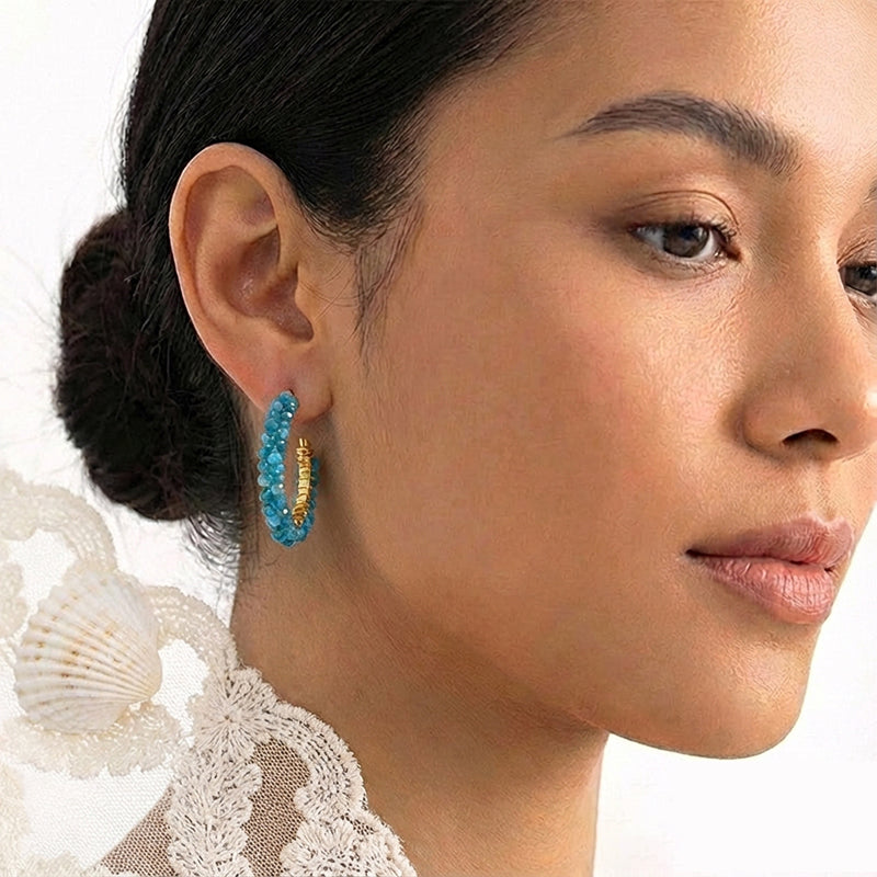 Blue Beaded Hoop Earrings – Gold Tone Crystal Bead Circle Earrings