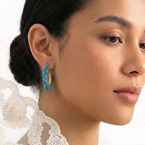 Blue Beaded Hoop Earrings – Gold Tone Crystal Bead Circle Earrings
