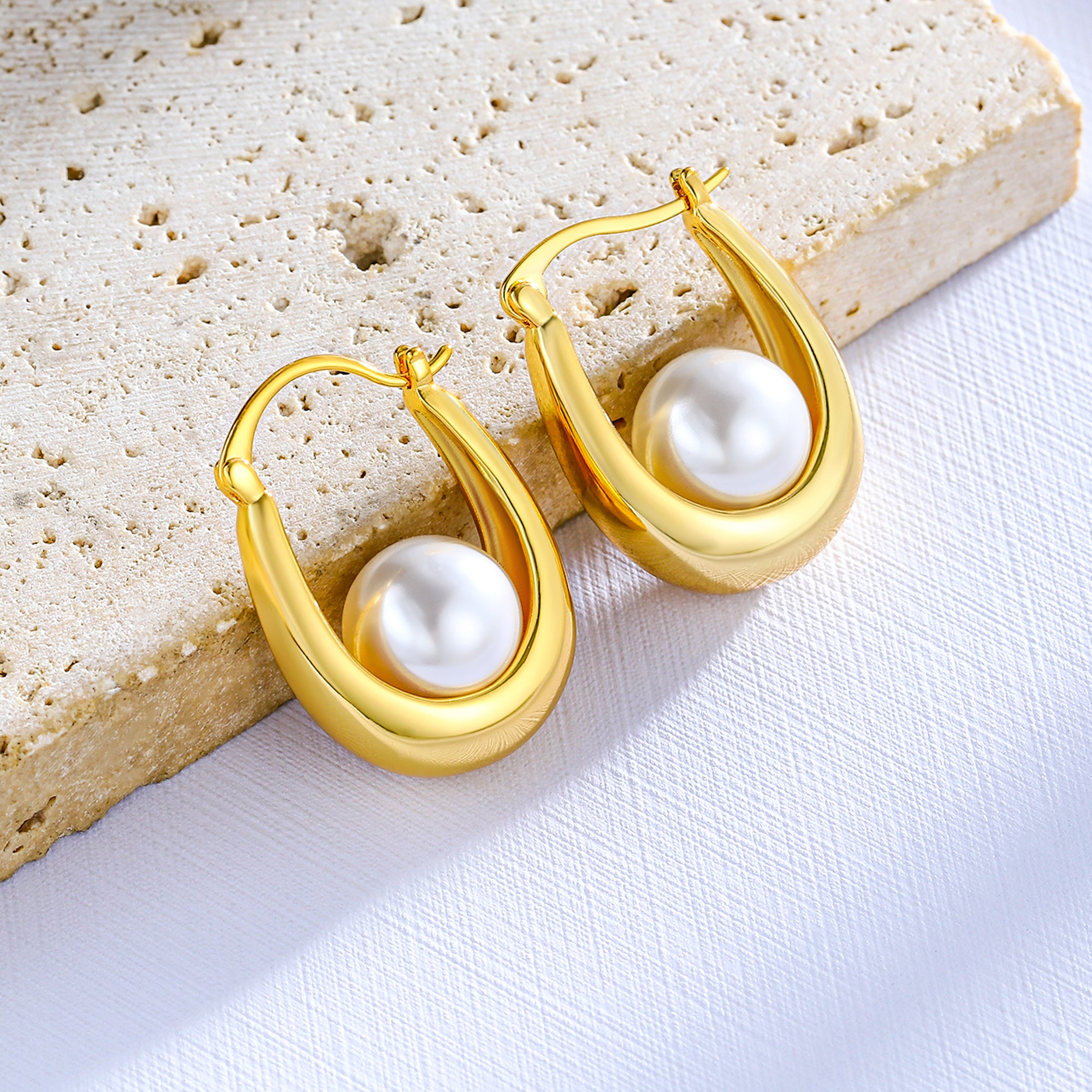 Lucky Pearl Hoop Earrings – Minimalist Gold-Tone Studs with Symbol of Abundance & Positive Energy