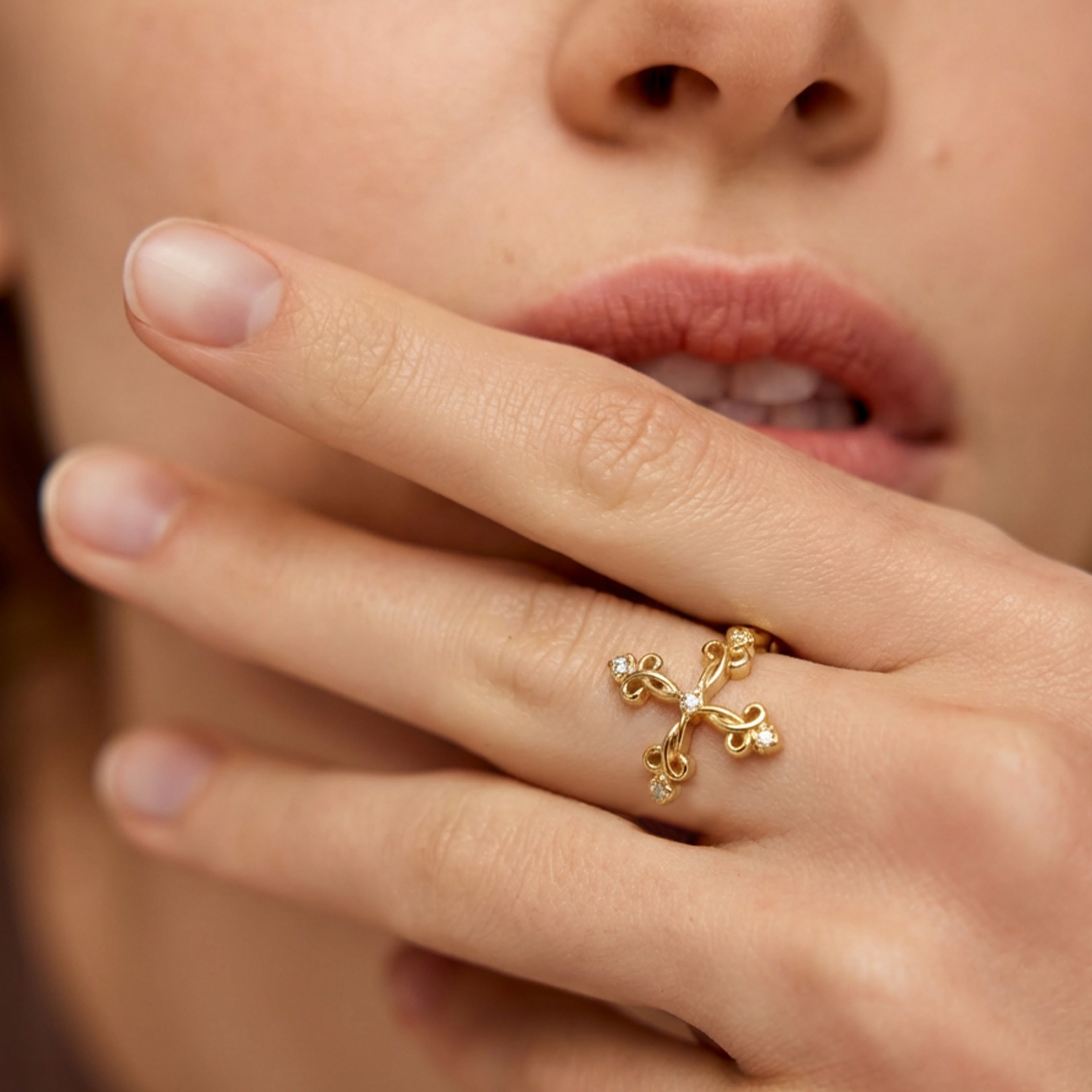 Golden Cross Ring with Diamonds