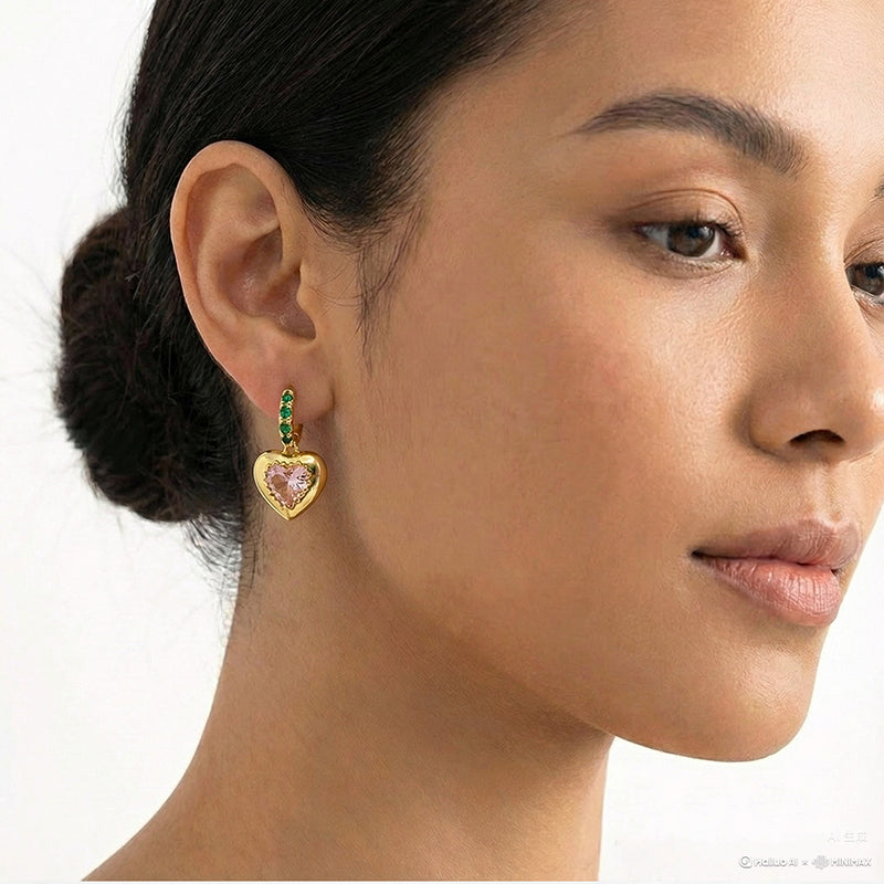 Elegant Gold Heart Drop Earrings with Crystal & Green Zircon