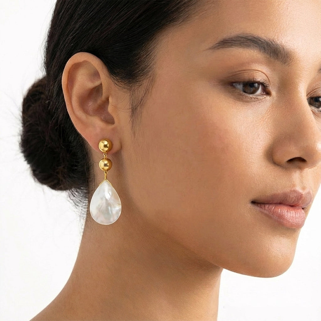 Elegant 18K Gold-Plated Ball & Mother-of-Pearl Drop Earrings: Timeless Sophistication!