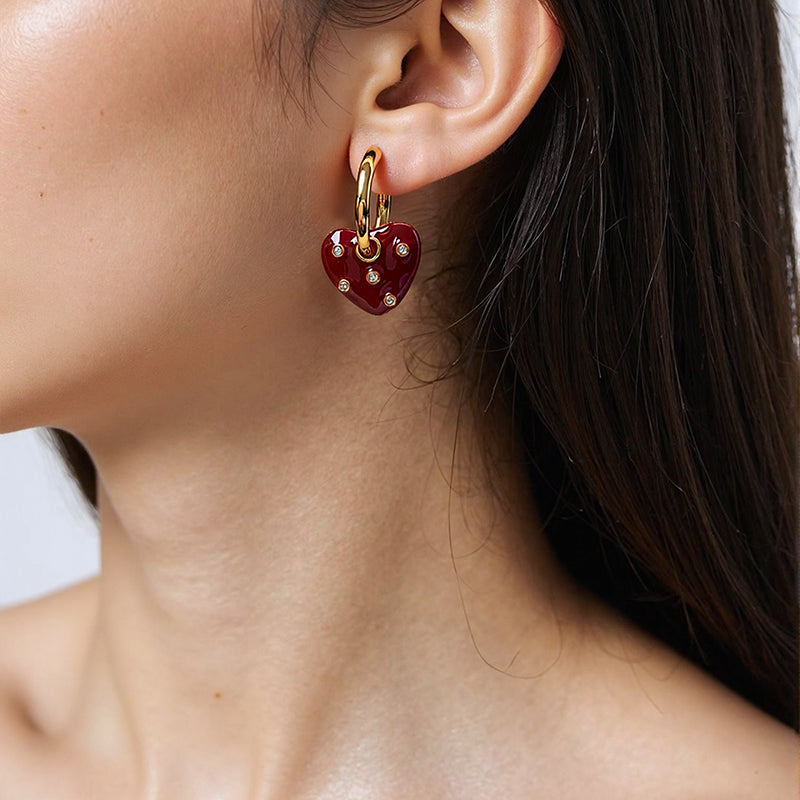 Sparkling Red Heart Hoop Earrings with Diamond Accents