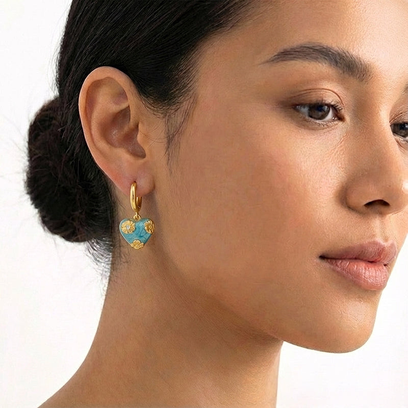 Enamel Heart Drop Earrings w/ Crystals & Gold Flowers