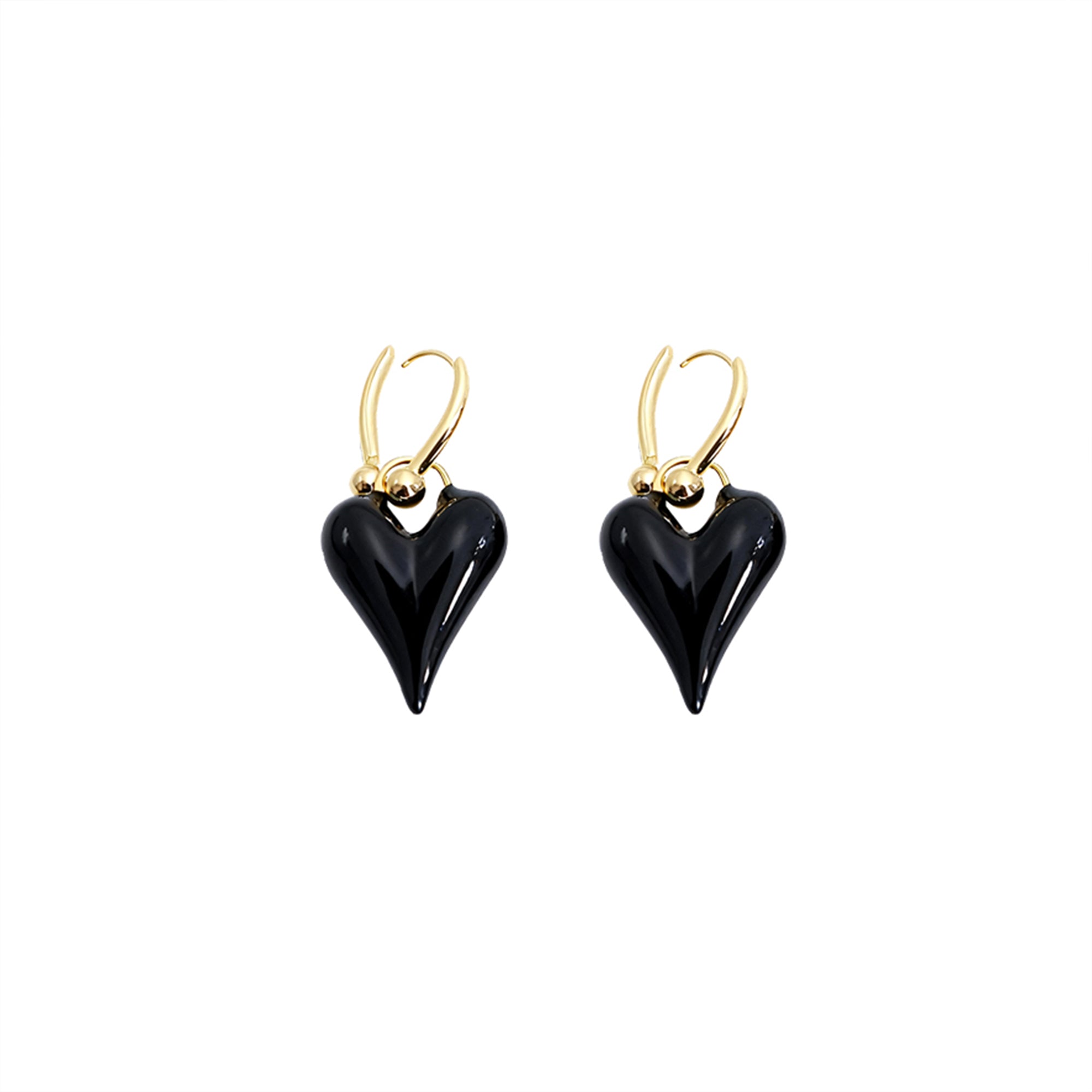 Glossy Black Heart Drop Earrings with Gold Hooks