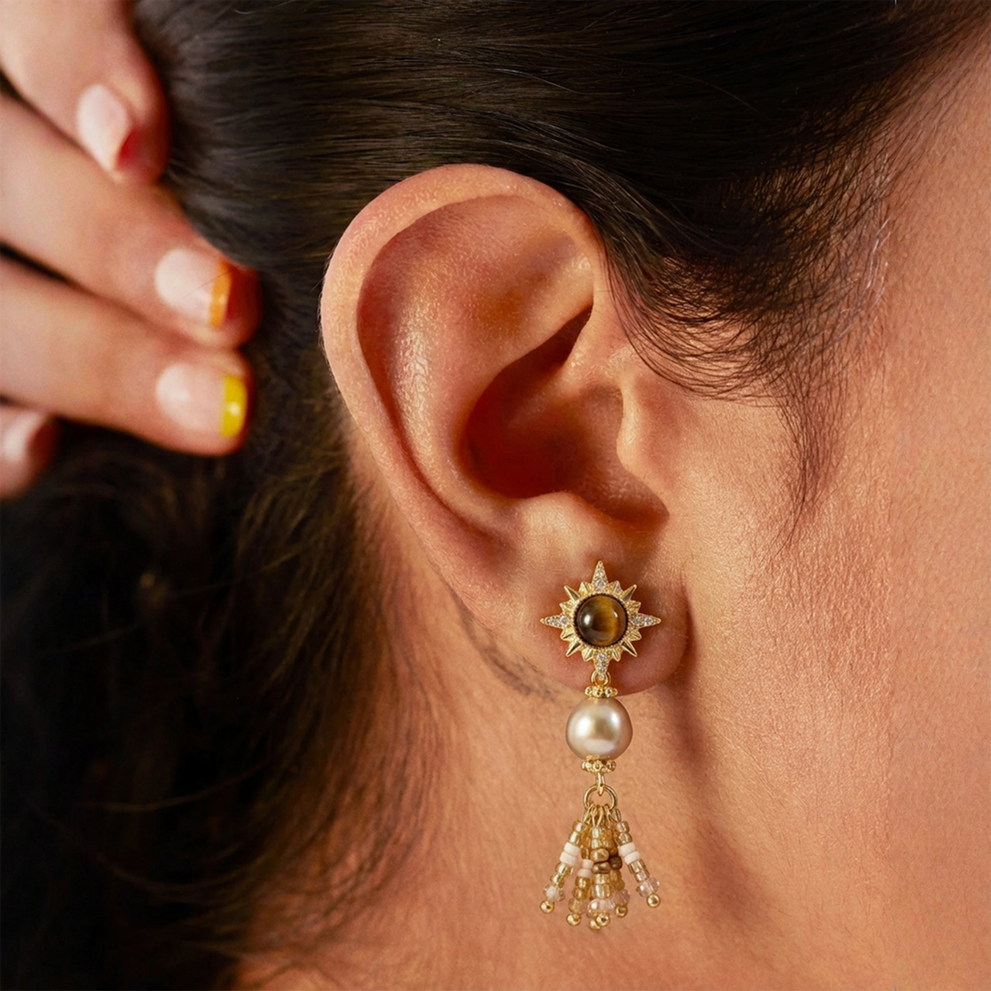 Sunburst Tiger’s Eye Pearl Earrings