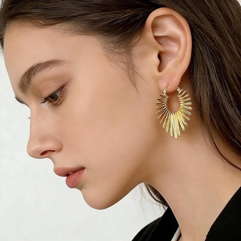 Golden Fan-Shaped Hoop Earrings with Textured Details