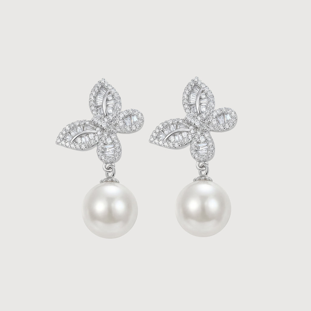 Crystal-Embellished Butterfly Pearl Drop Earrings