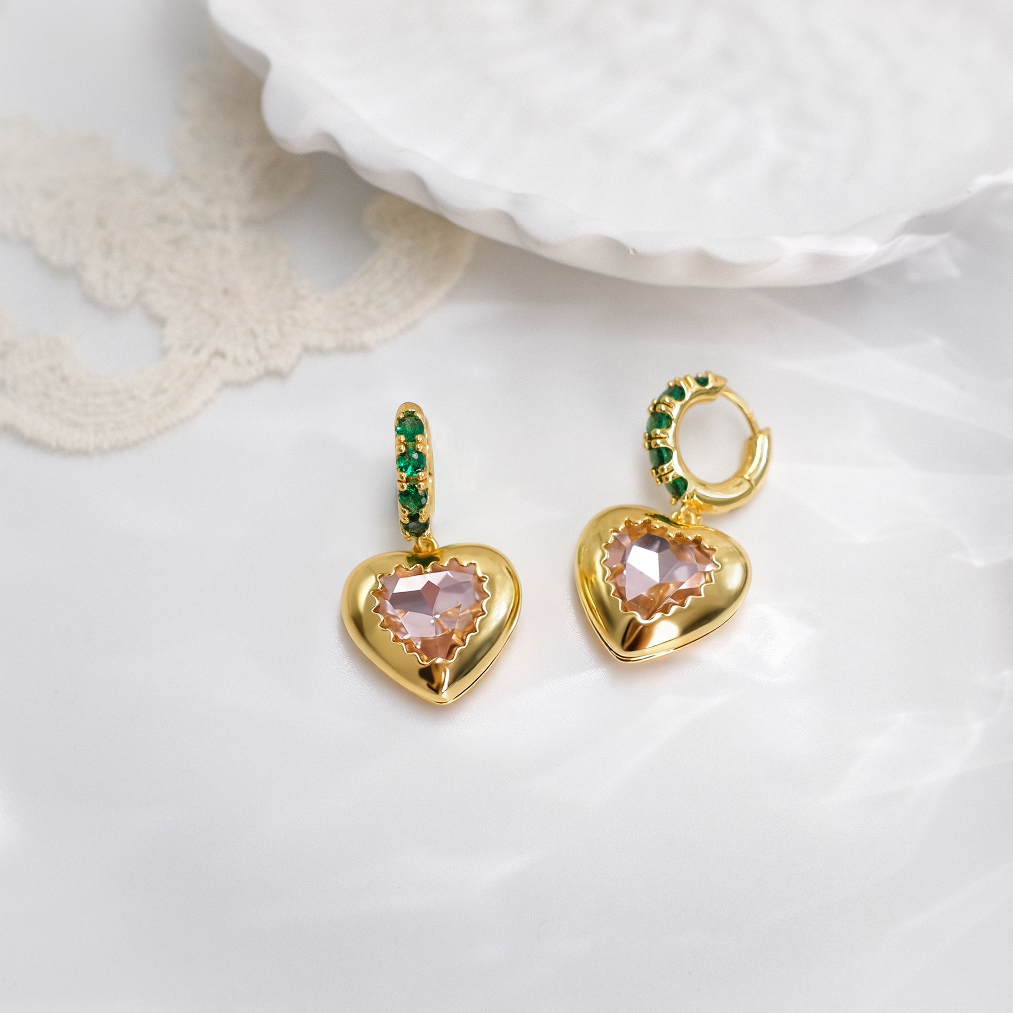 Elegant Gold Heart Drop Earrings with Crystal & Green Zircon