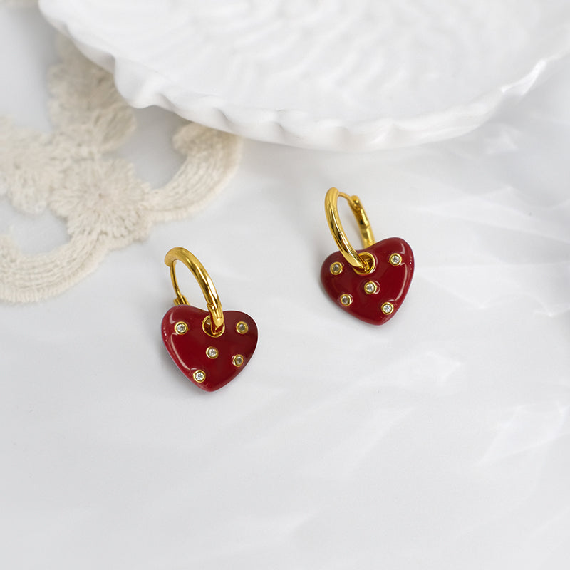 Sparkling Red Heart Hoop Earrings with Diamond Accents