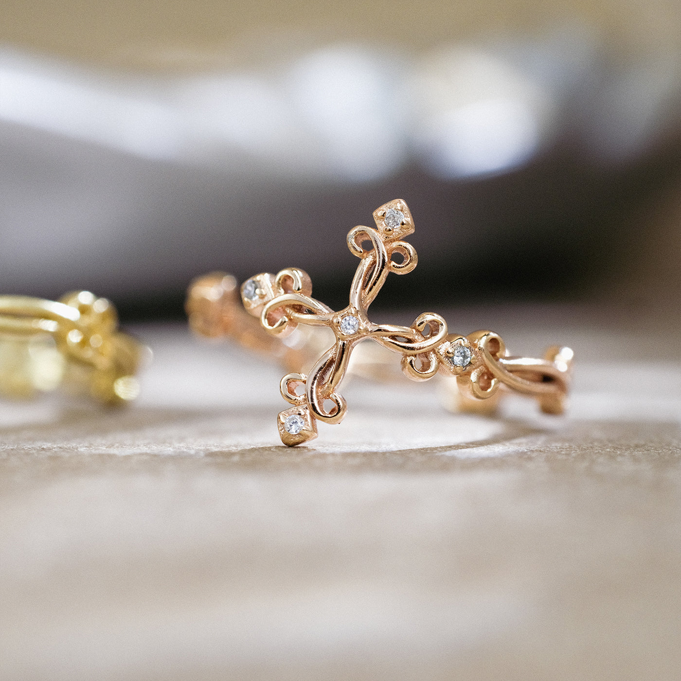 Rose Gold Cross Ring with Diamonds