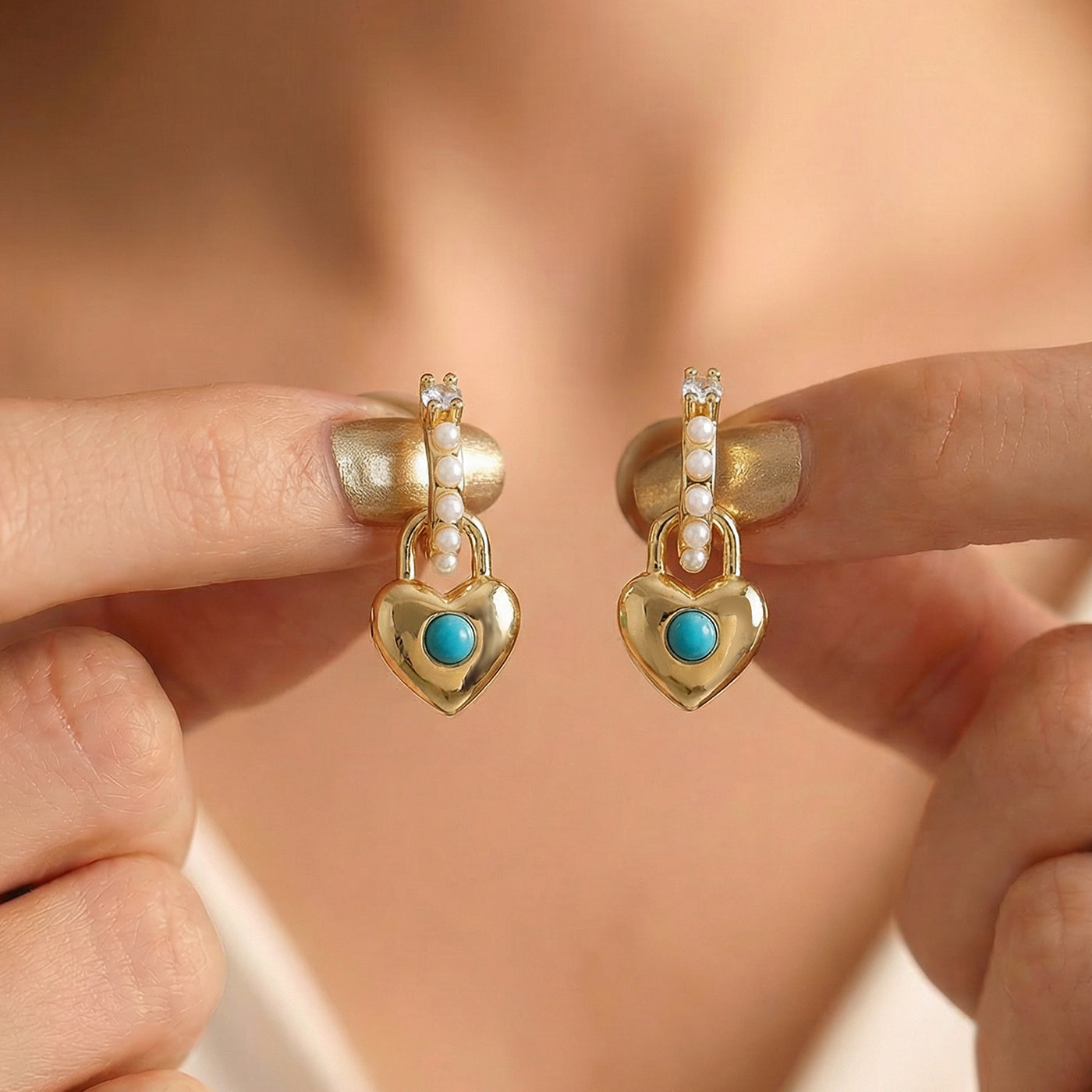 Gold Heart Earrings with Turquoise