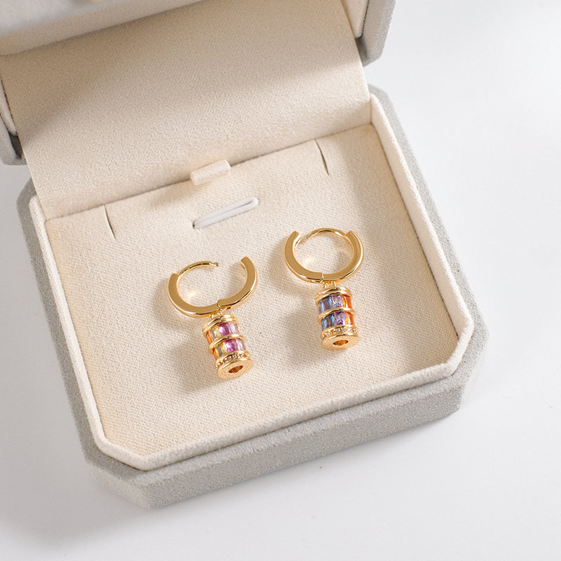 Gold Hoop Earrings with Colorful Cylinder Charms