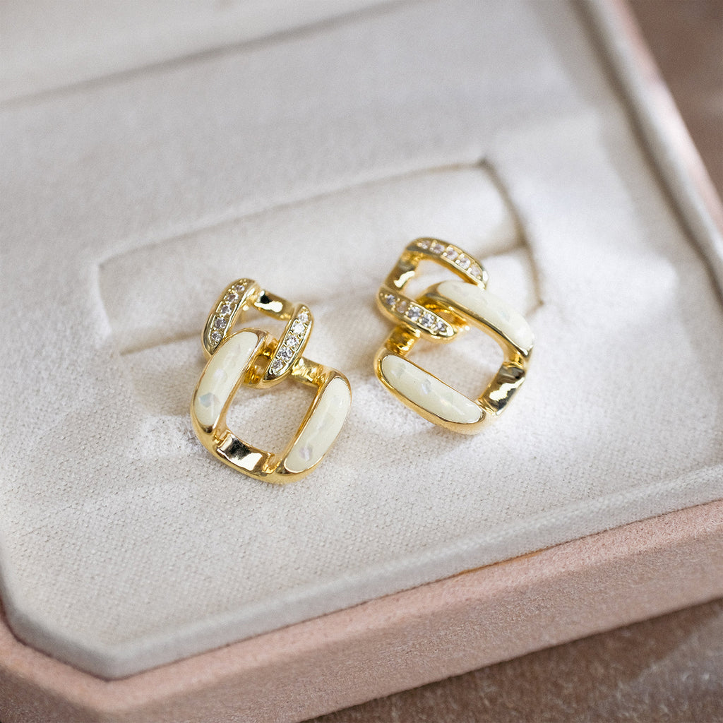 Gold & White Square Stud Earrings