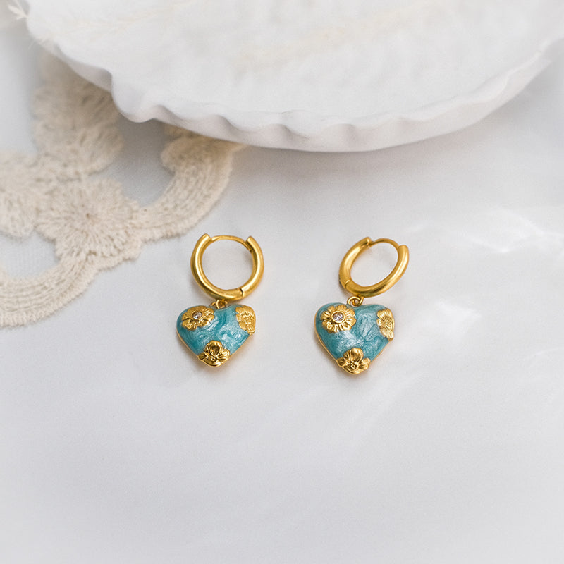 Enamel Heart Drop Earrings w/ Crystals & Gold Flowers