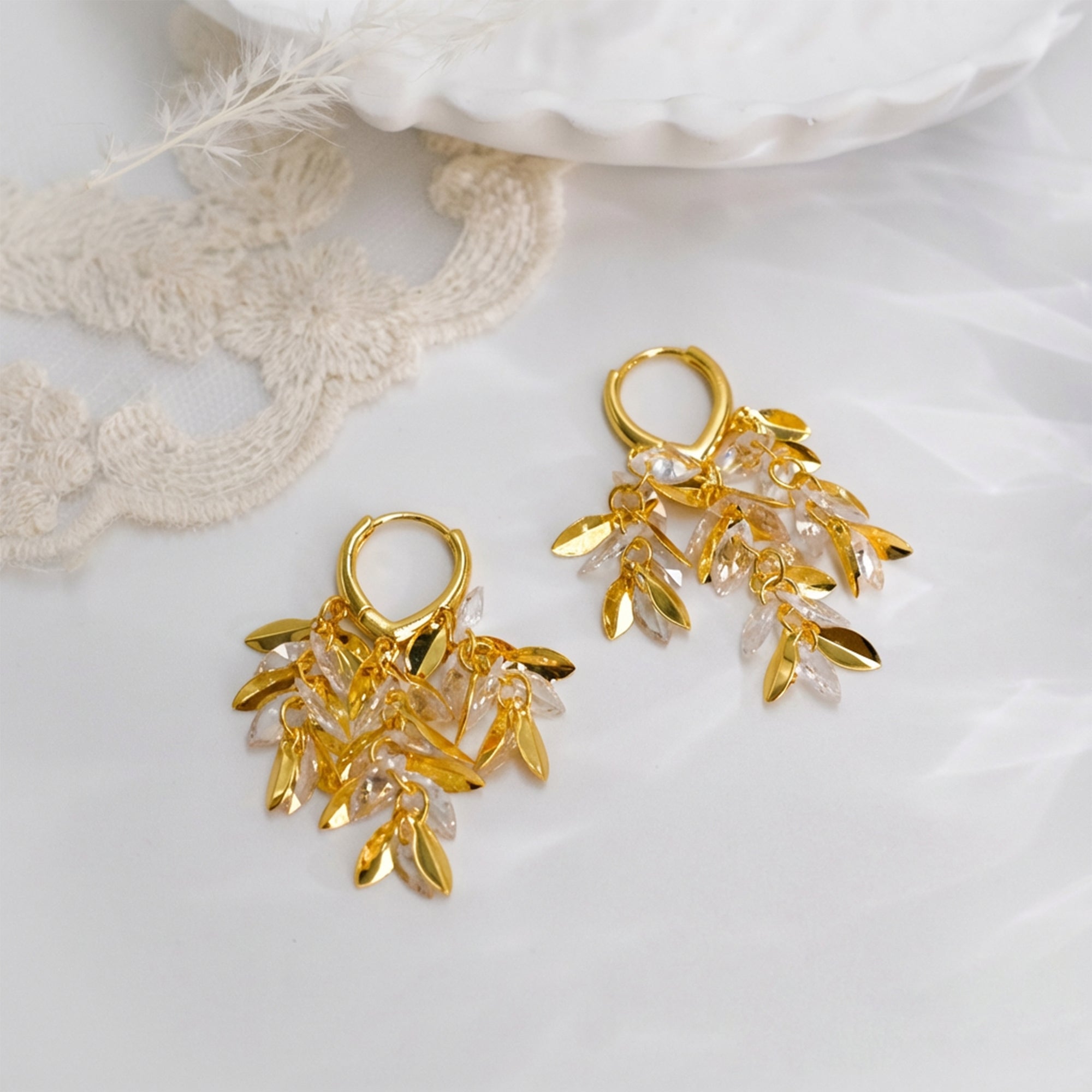 Gold-Toned Hoop & Crystal Leaf Dangle Earrings