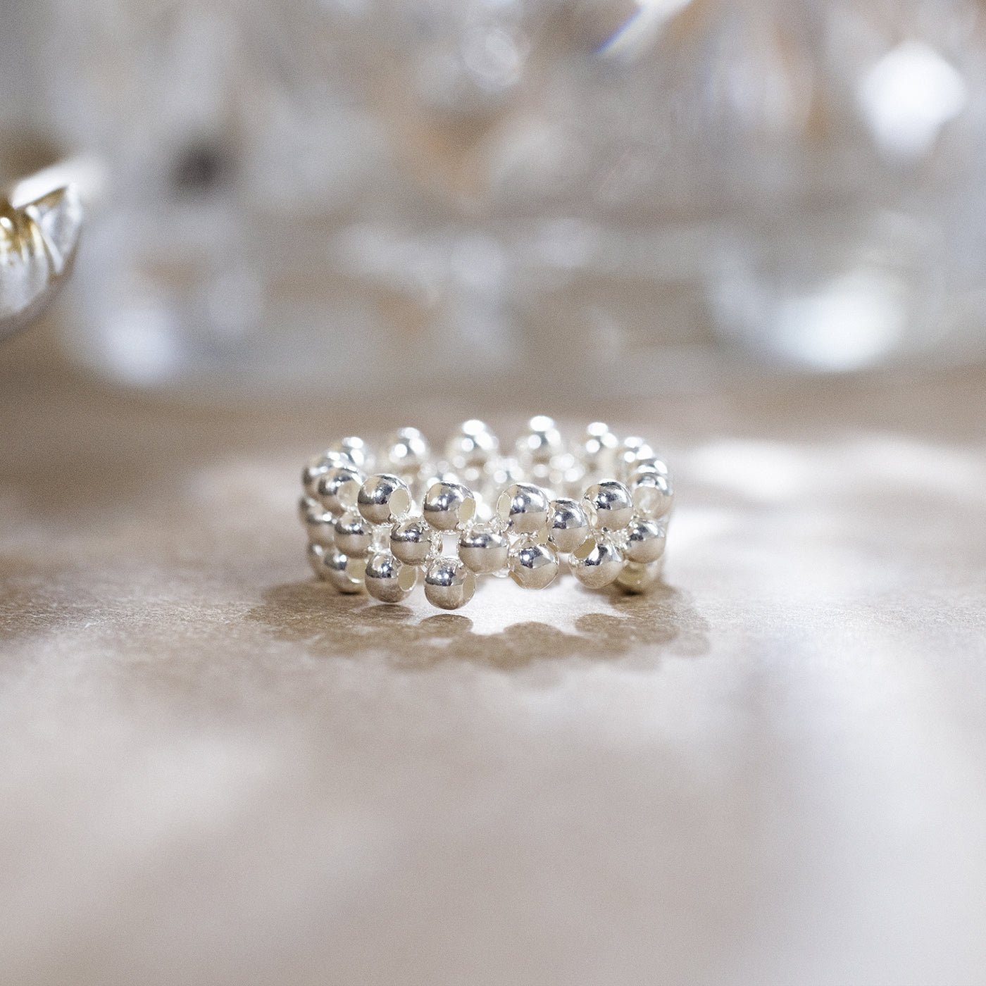 Silver Beaded Ring with Pearl Glow