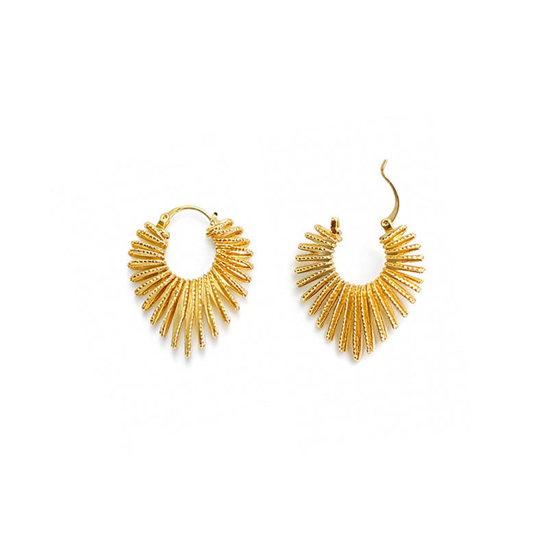 Golden Fan-Shaped Hoop Earrings with Textured Details