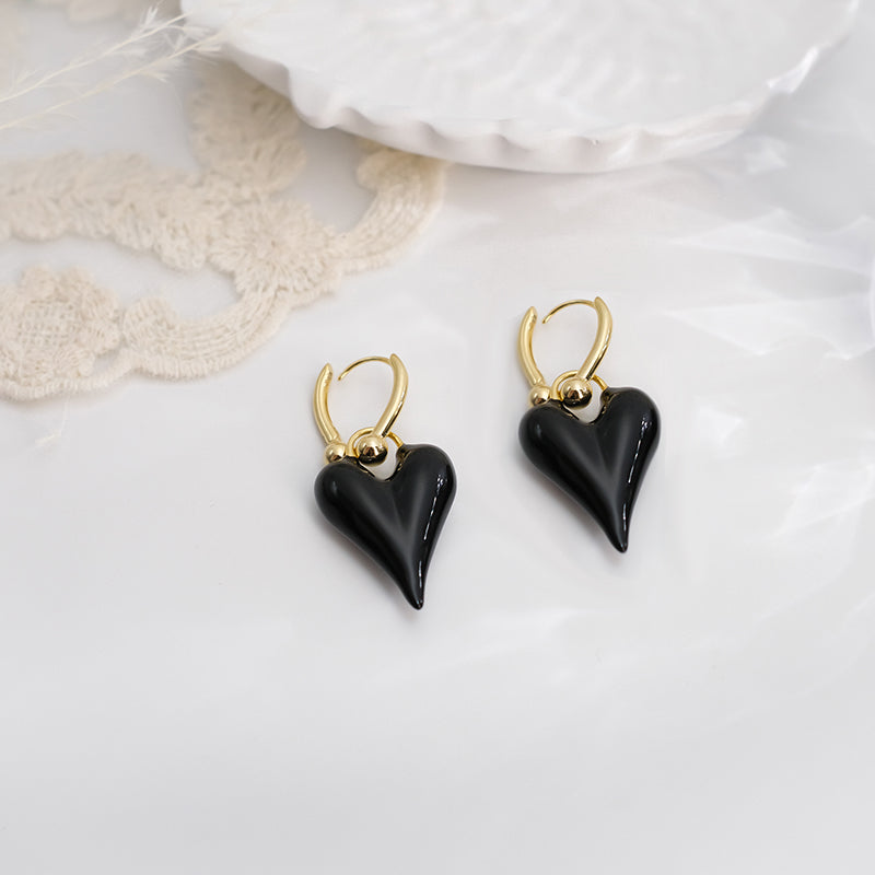 Glossy Black Heart Drop Earrings with Gold Hooks