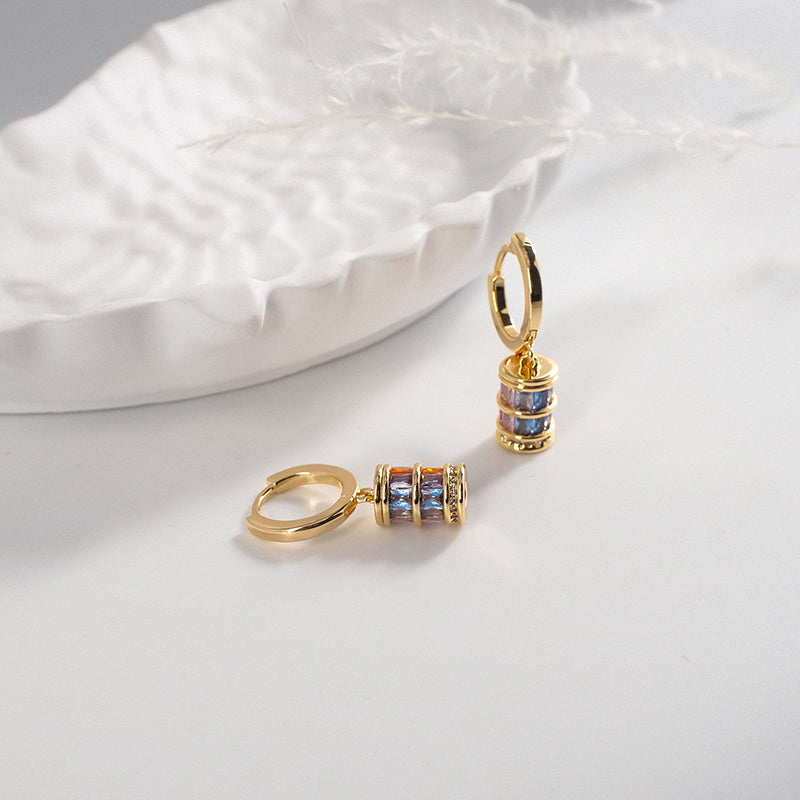 Gold Hoop Earrings with Colorful Cylinder Charms