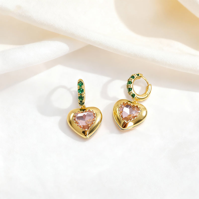 Elegant Gold Heart Drop Earrings with Crystal & Green Zircon