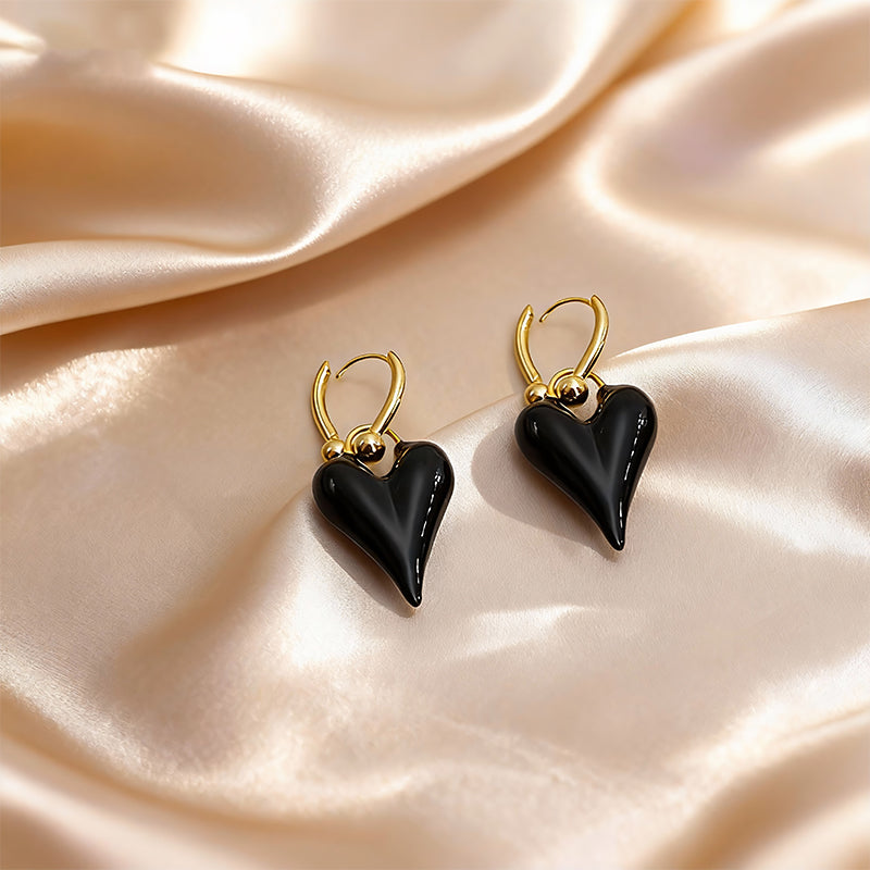 Glossy Black Heart Drop Earrings with Gold Hooks