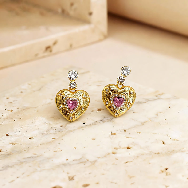 Elegant Gold-Tone Crystal Heart Earrings