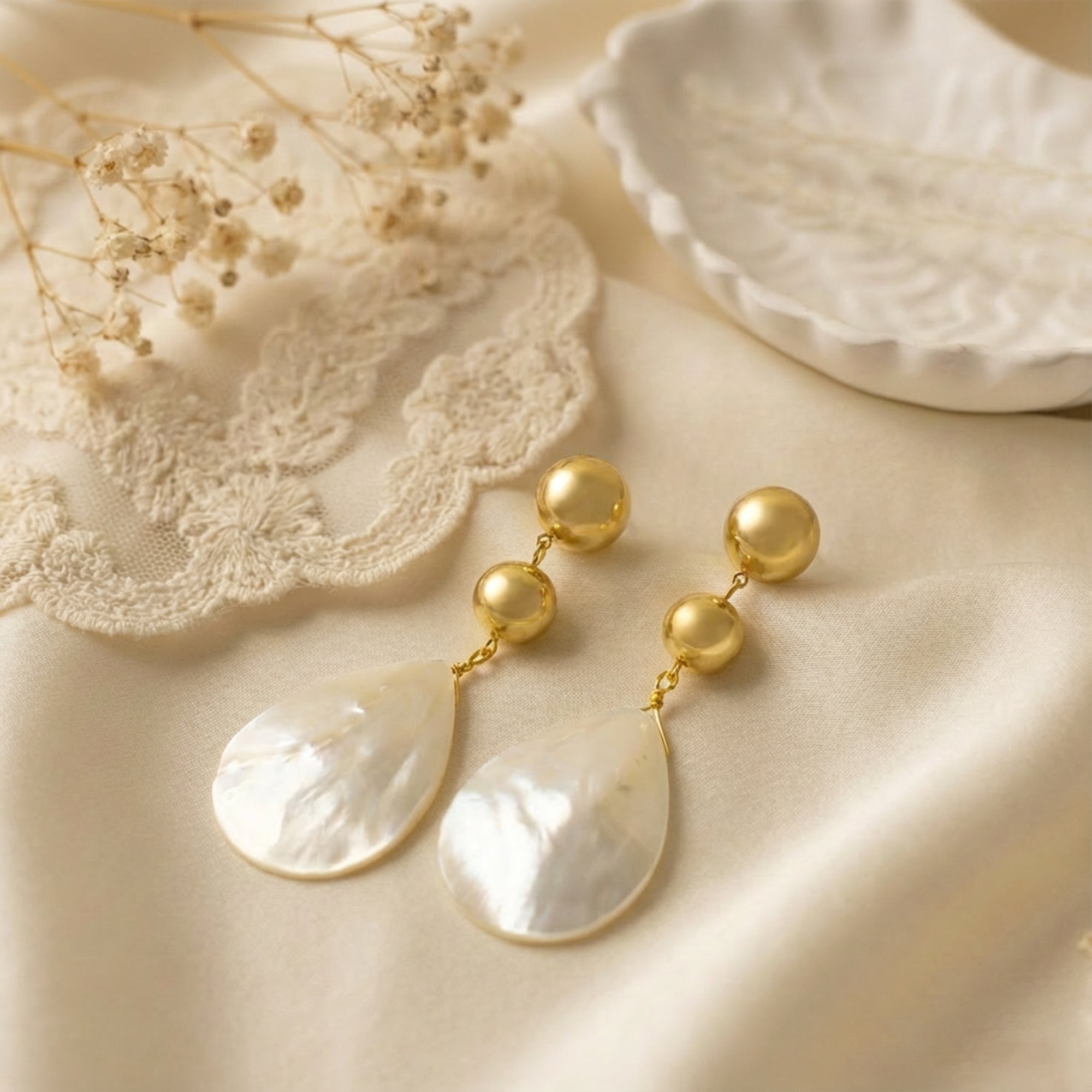 Elegant 18K Gold-Plated Ball & Mother-of-Pearl Drop Earrings: Timeless Sophistication!