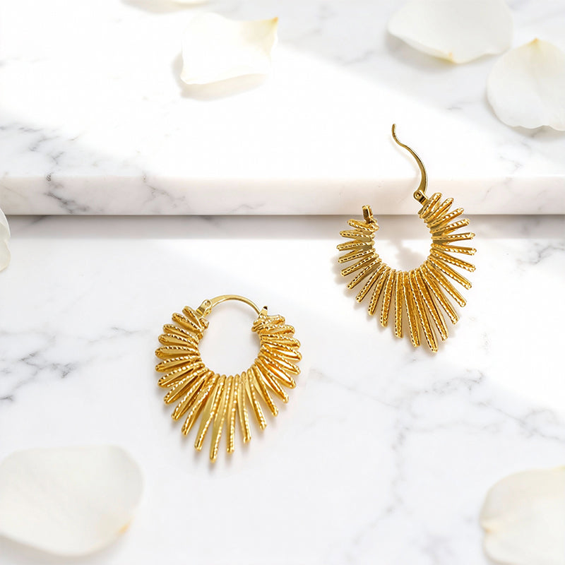 Golden Fan-Shaped Hoop Earrings with Textured Details
