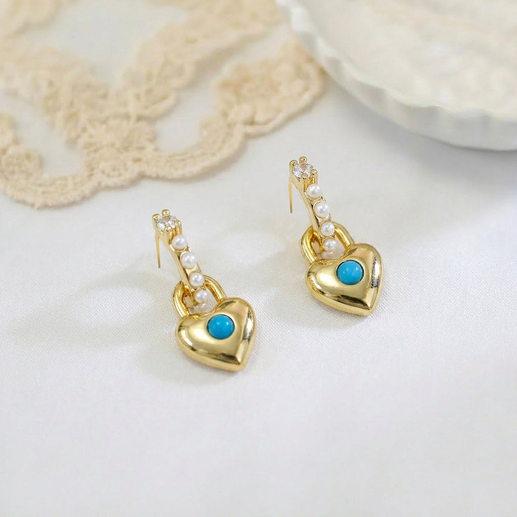 Gold Heart Earrings with Turquoise