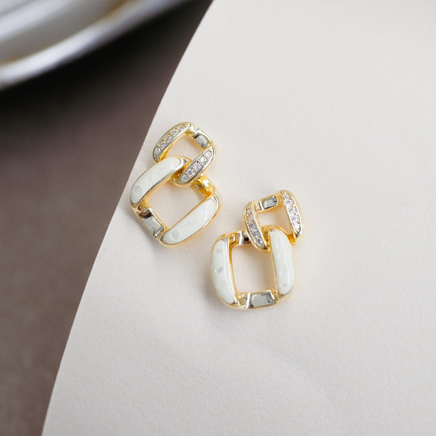 Gold & White Square Stud Earrings